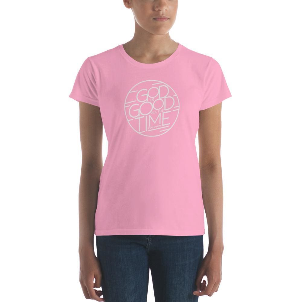 Women's Christian t-shirt in pink with circular 'God is Good all the Time' logo