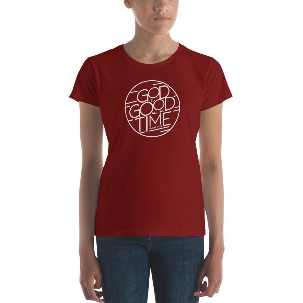 Women's Christian t-shirt in red with circular 'God is Good all the Time' logo
