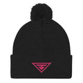 Black knit pom-pom beanie with pink triangle logo patch
