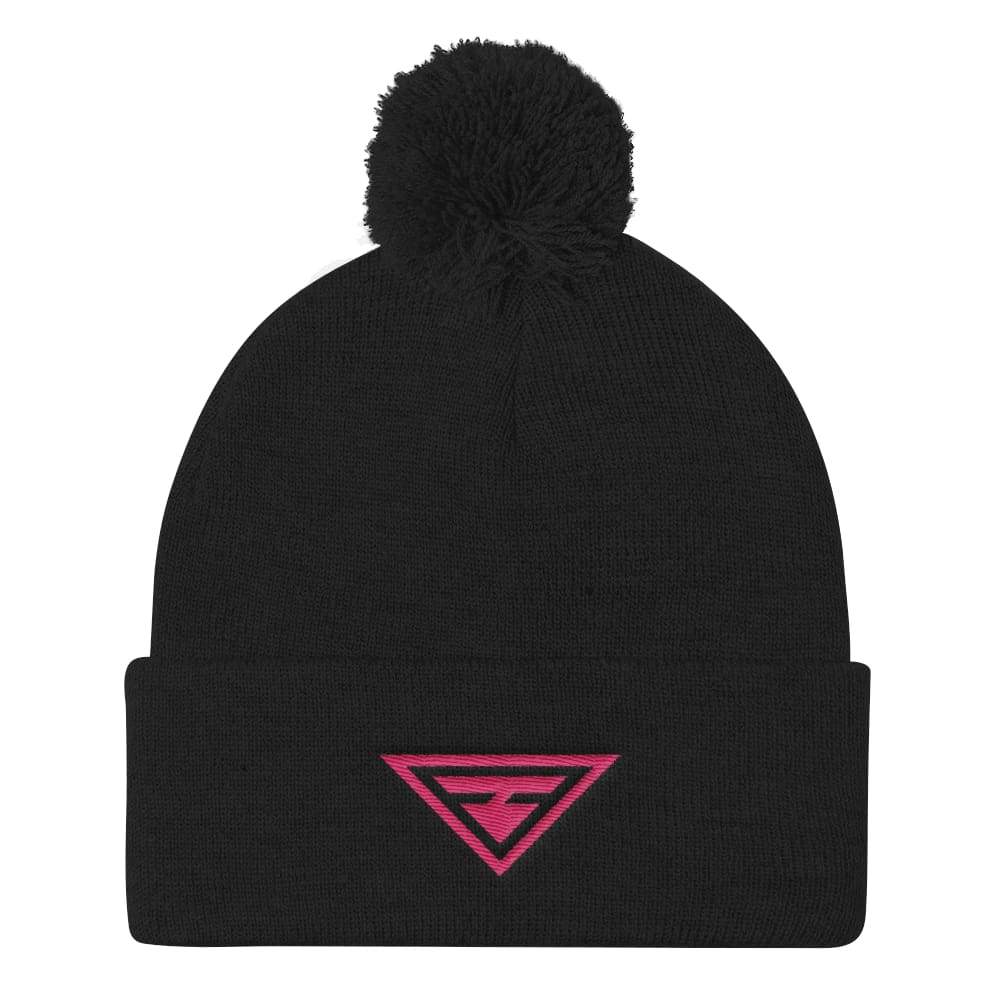 Black knit pom-pom beanie with pink triangle logo patch