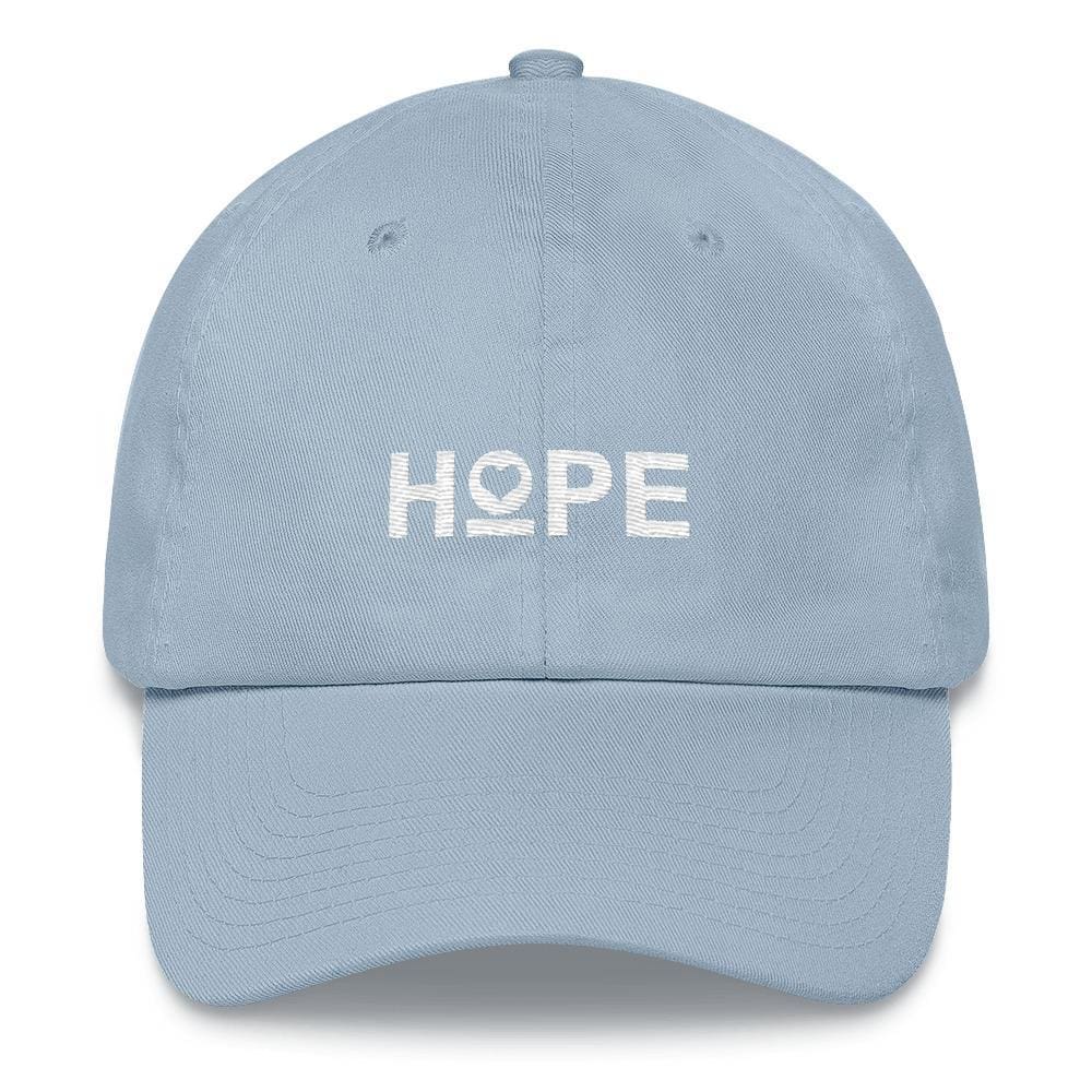 Women's Hope heart dad hat, light blue, with HOPE heart logo