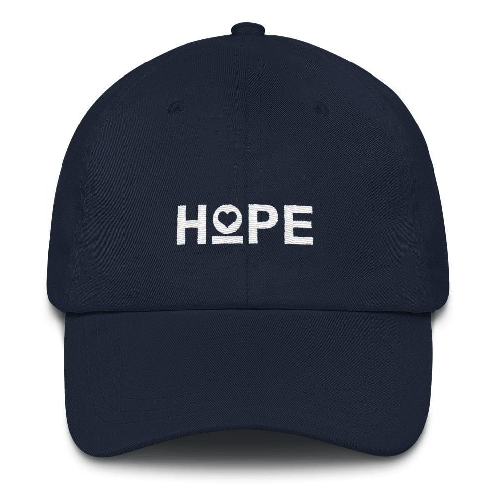 Women's Hope heart dad hat, navy, with HOPE heart logo