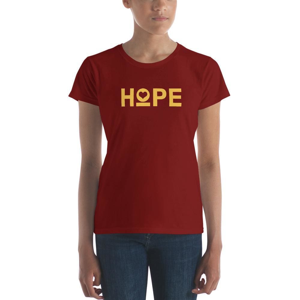 Women's short-sleeve T-shirt, red with yellow HOPE heart graphic