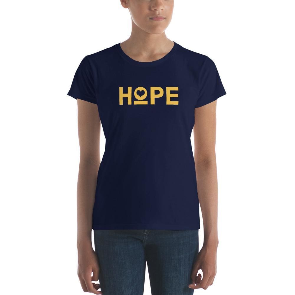 Women's short-sleeve T-shirt, navy with yellow HOPE heart graphic