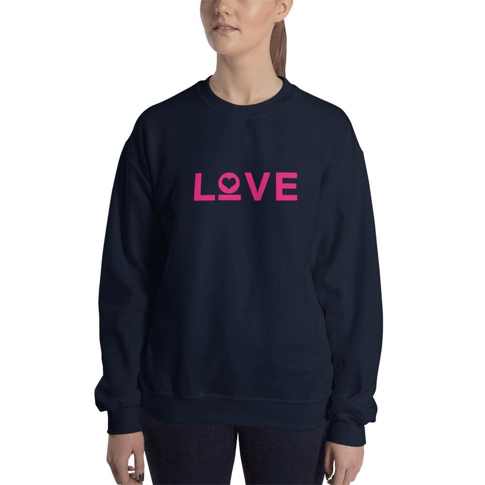 Women's crewneck sweatshirt in dark navy with pink LOVE heart graphic