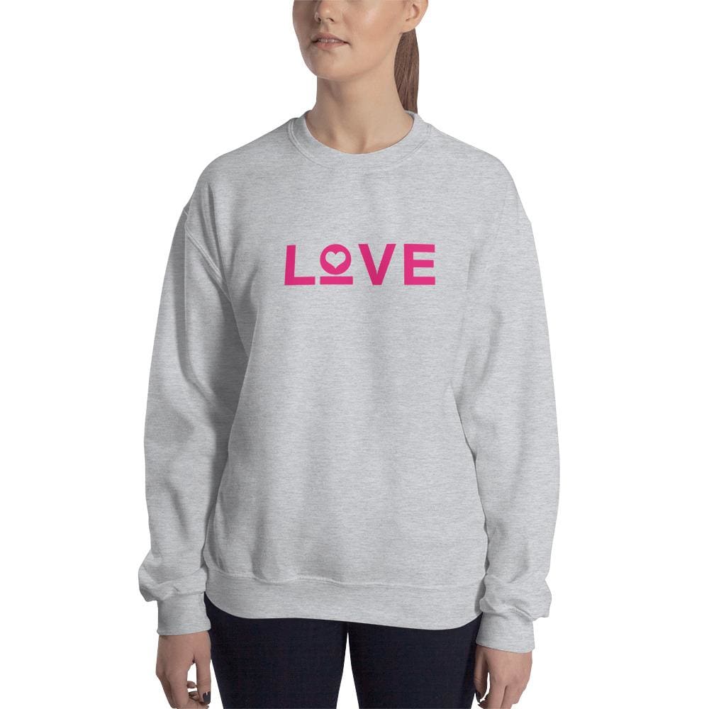 Women's crewneck sweatshirt in sport grey with pink LOVE heart graphic