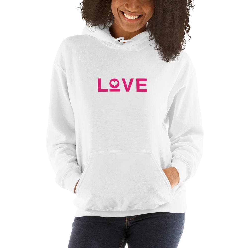 White hoodie sweatshirt with Love heart graphic, front kangaroo pocket