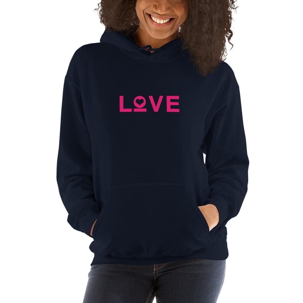 Navy hoodie sweatshirt with Love heart graphic, front kangaroo pocket