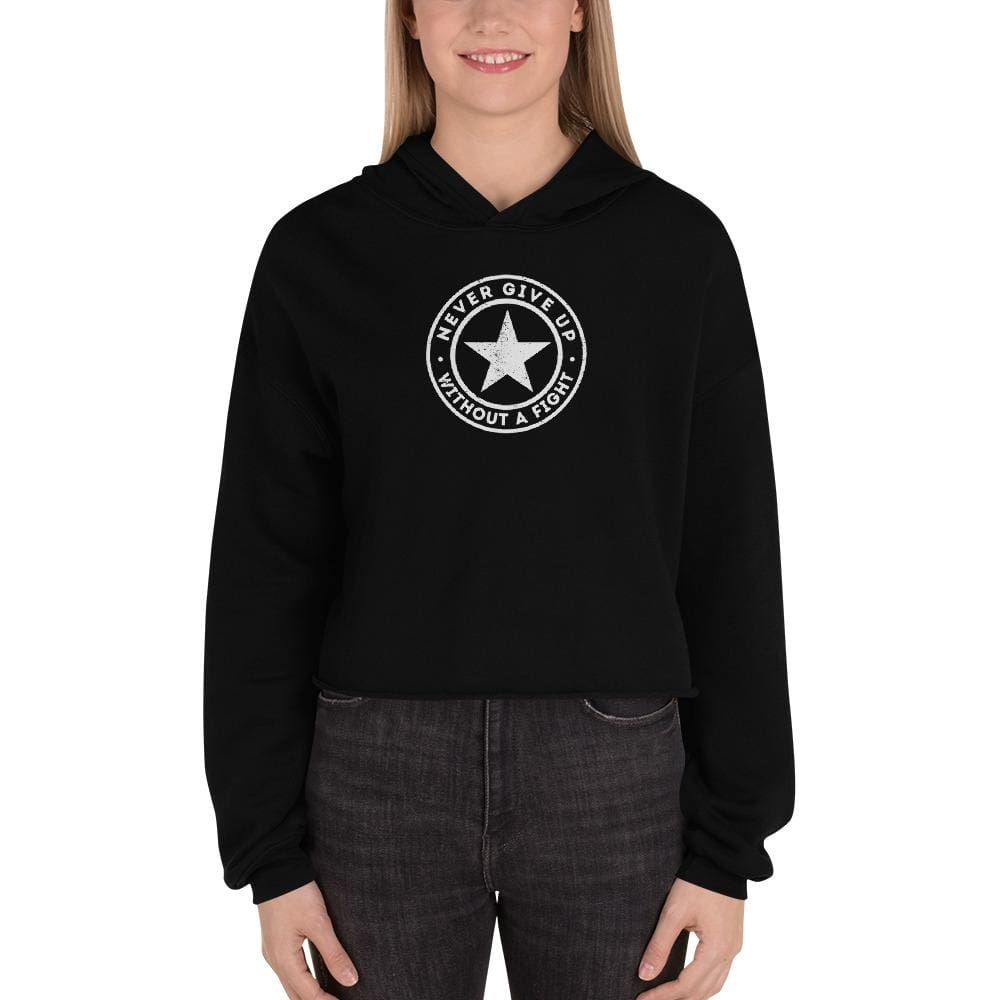 Black cropped pullover hoodie with hood and center logo print