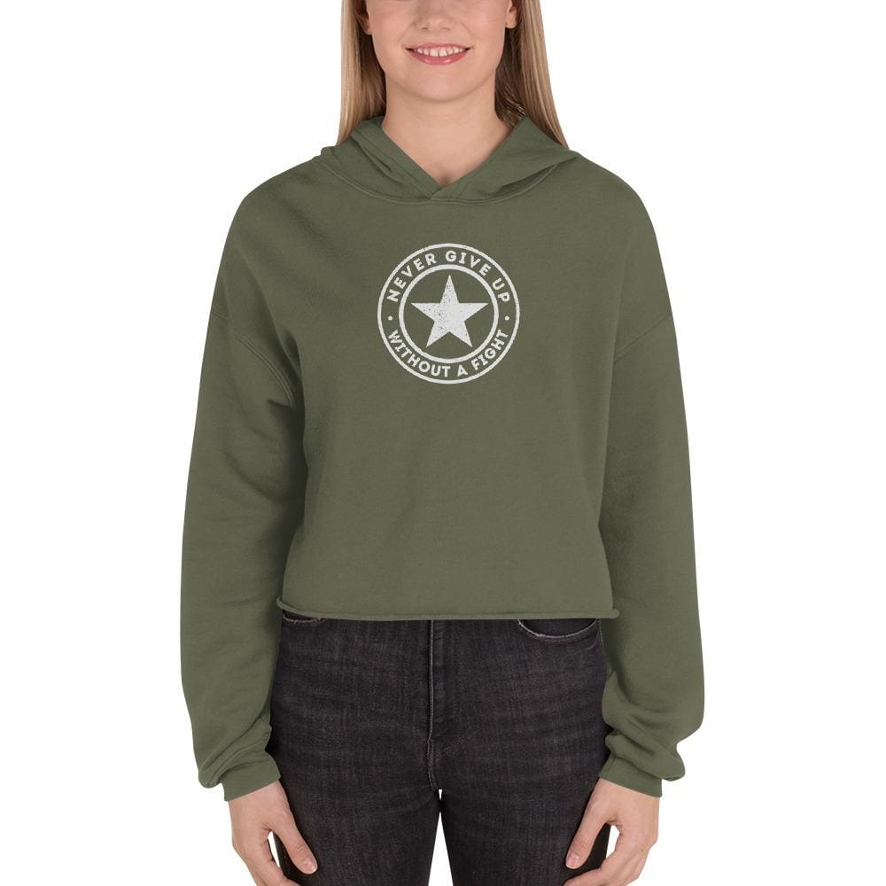 Olive green cropped pullover hoodie with hood and center logo print