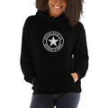 Women's black hoodie sweatshirt with front kangaroo pocket and star logo