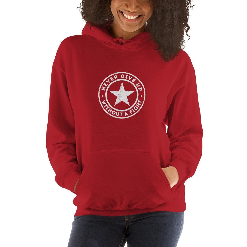Women's red hoodie sweatshirt with front kangaroo pocket and star logo