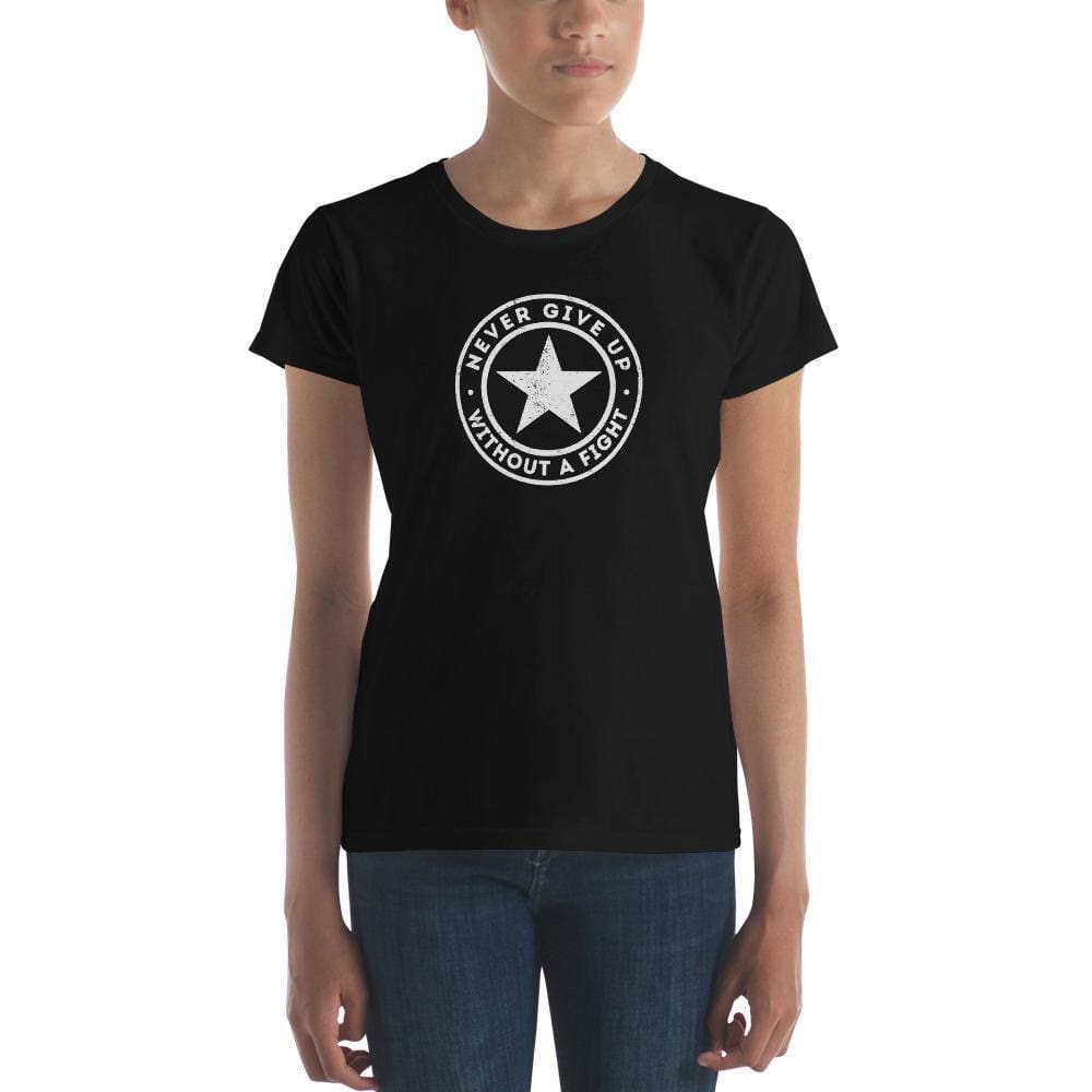 Women's black crewneck T-shirt with circular logo and star graphic on front