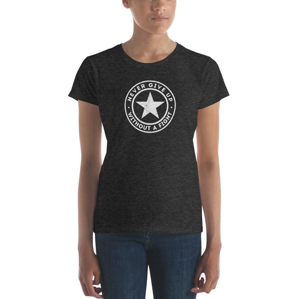 Women's black crewneck T-shirt with circular logo and star graphic at chest