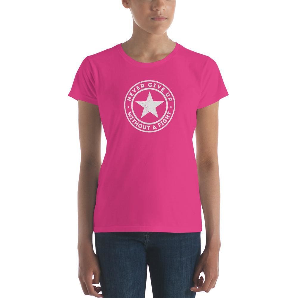 Women's hot pink crewneck T-shirt with circular logo and star graphic at chest