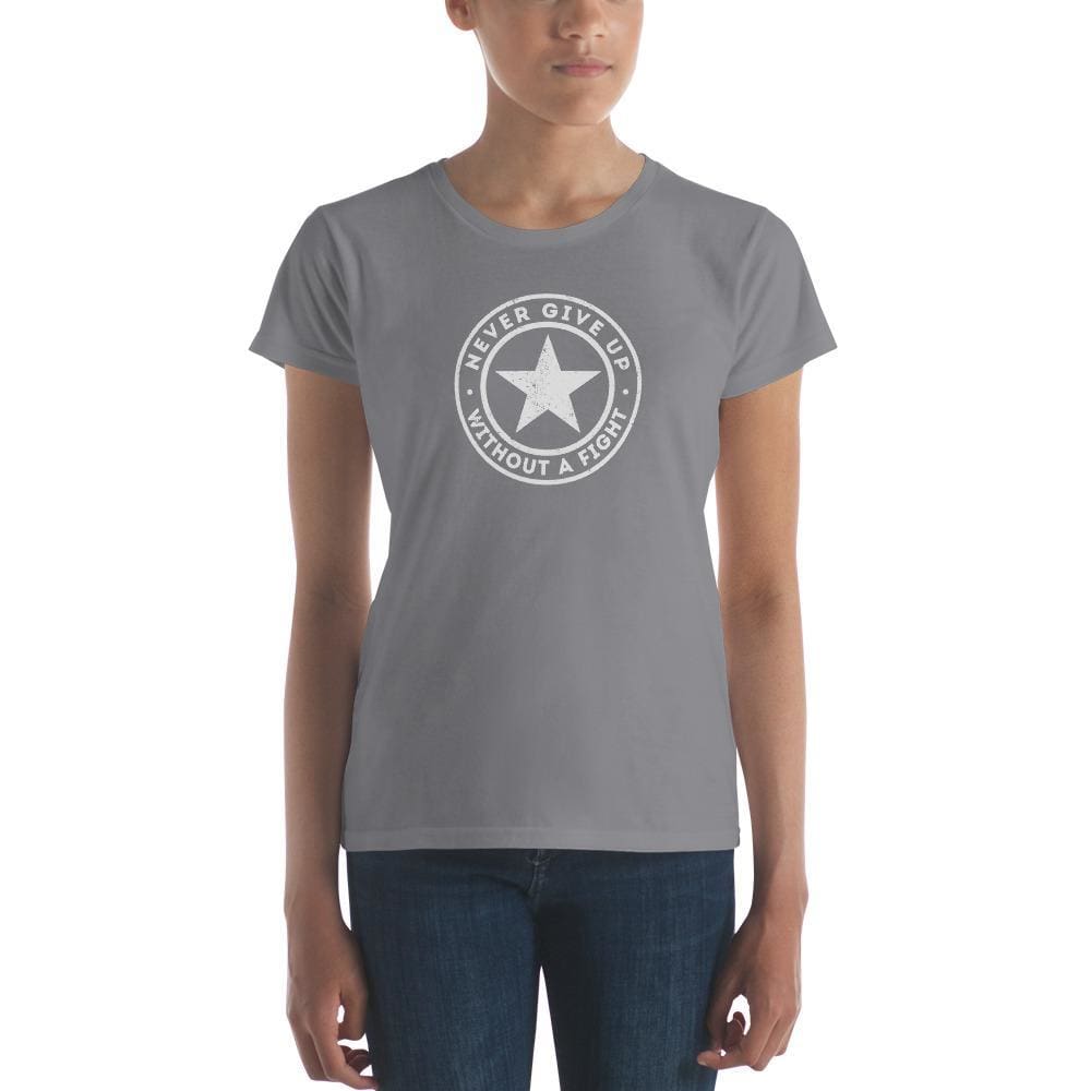 Women's heather gray crewneck T-shirt with circular logo and star graphic at chest