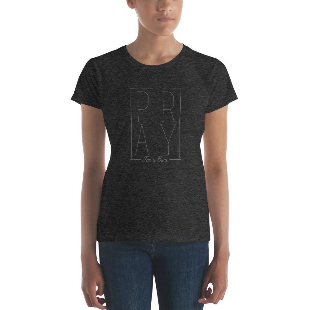 Dark heather grey women’s Christian graphic t-shirt with PRAY and For a Cure print