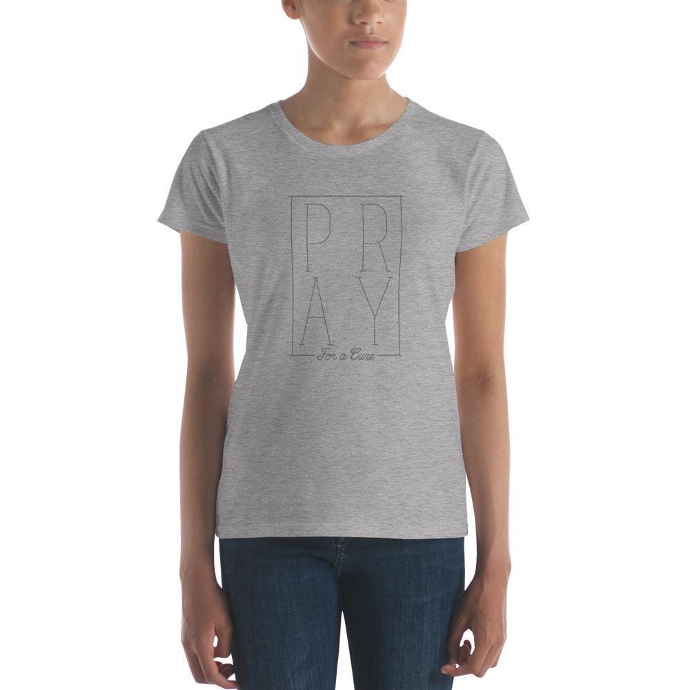 Heather grey women’s Christian graphic t-shirt with PRAY and For a Cure print