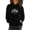 Women's black faith hoodie with hood, front pocket, and Firm the Faith logo