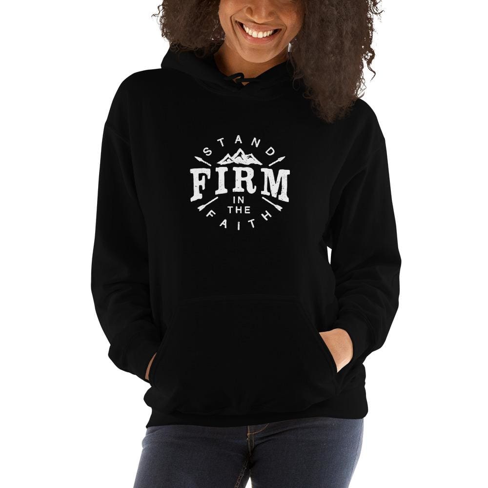 Women's black faith hoodie with hood, front pocket, and Firm the Faith logo