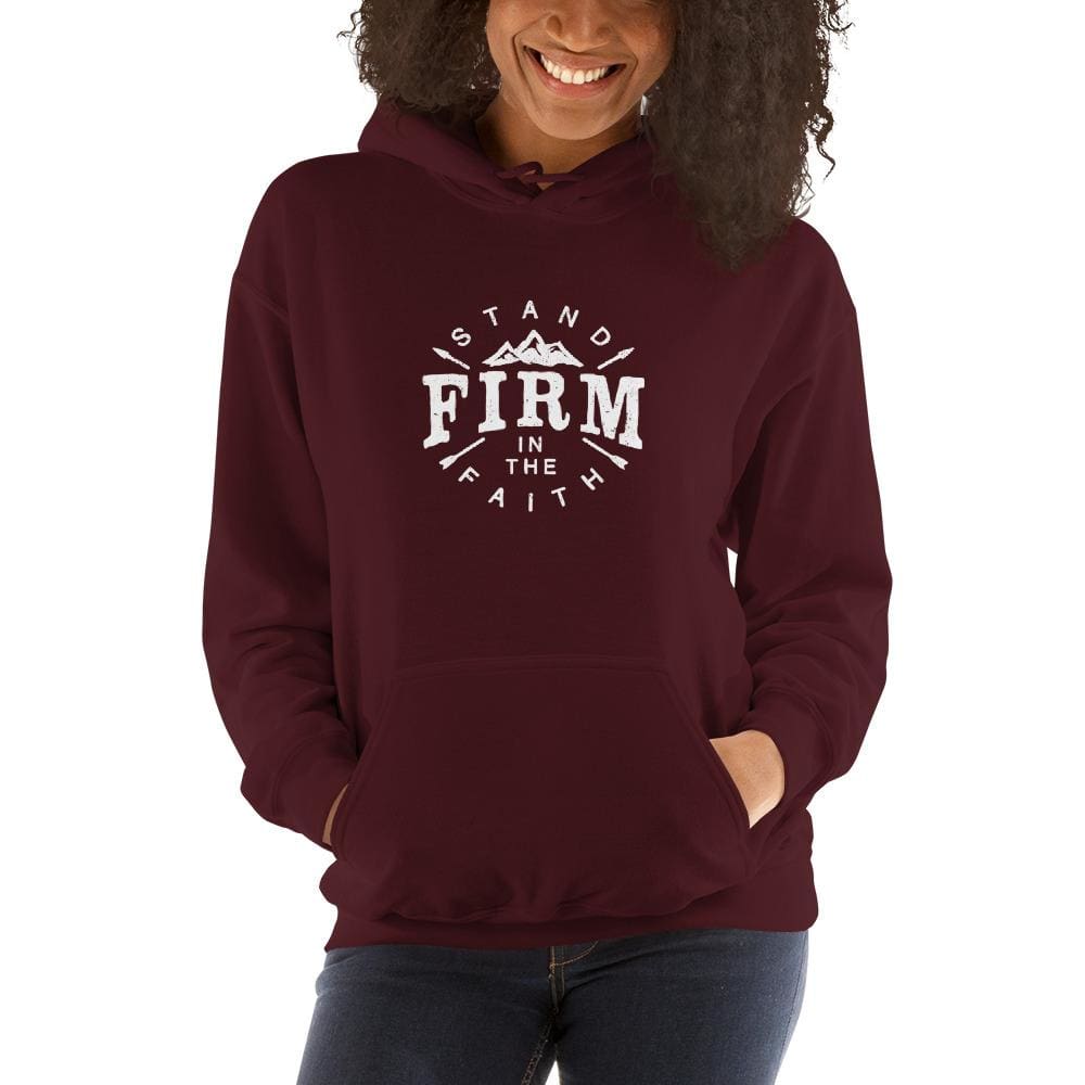 Women's burgundy faith hoodie with hood, front pocket, and Firm the Faith logo