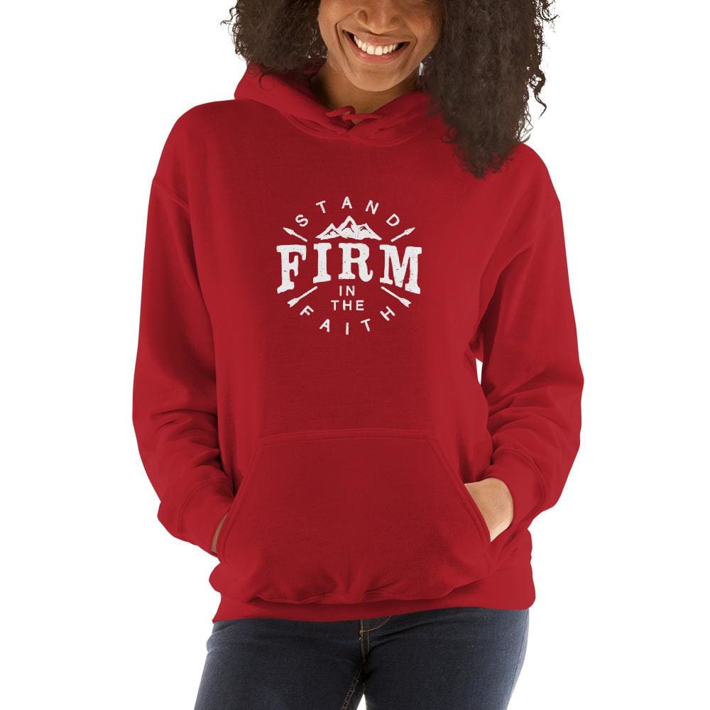 Women's maroon faith hoodie with hood, front pocket, and Firm the Faith logo