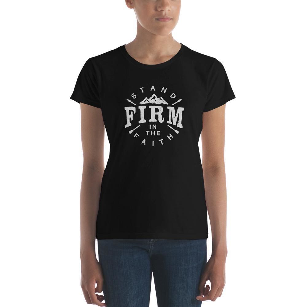 Women's faith T-shirt in black with Stand Firm graphic on chest