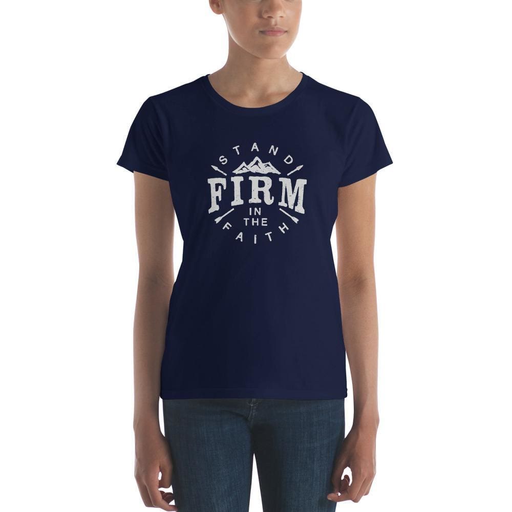 Women's faith T-shirt in navy with Stand Firm graphic on chest