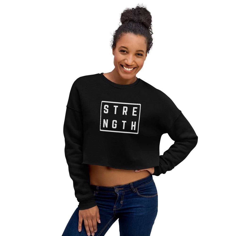 Black cropped crewneck sweatshirt with Strength logo, front view