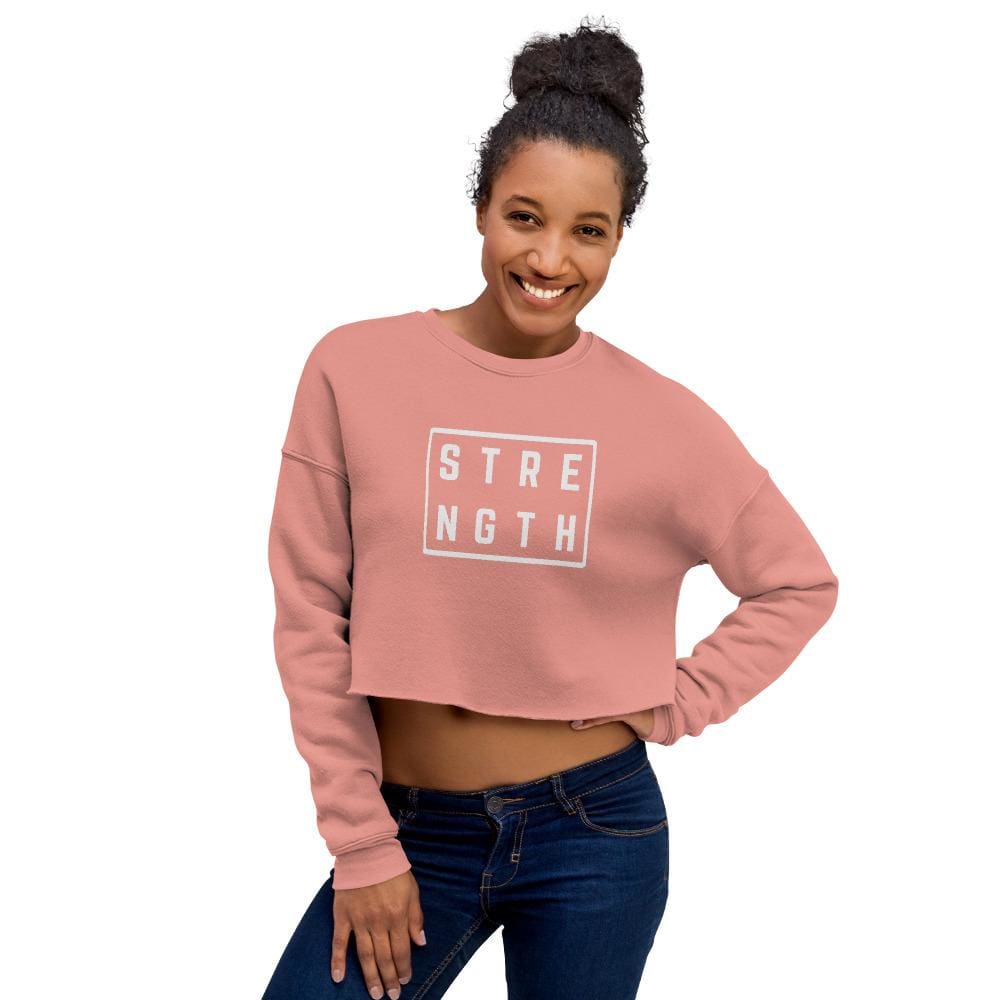 Mauve cropped crewneck sweatshirt with Strength logo, front view