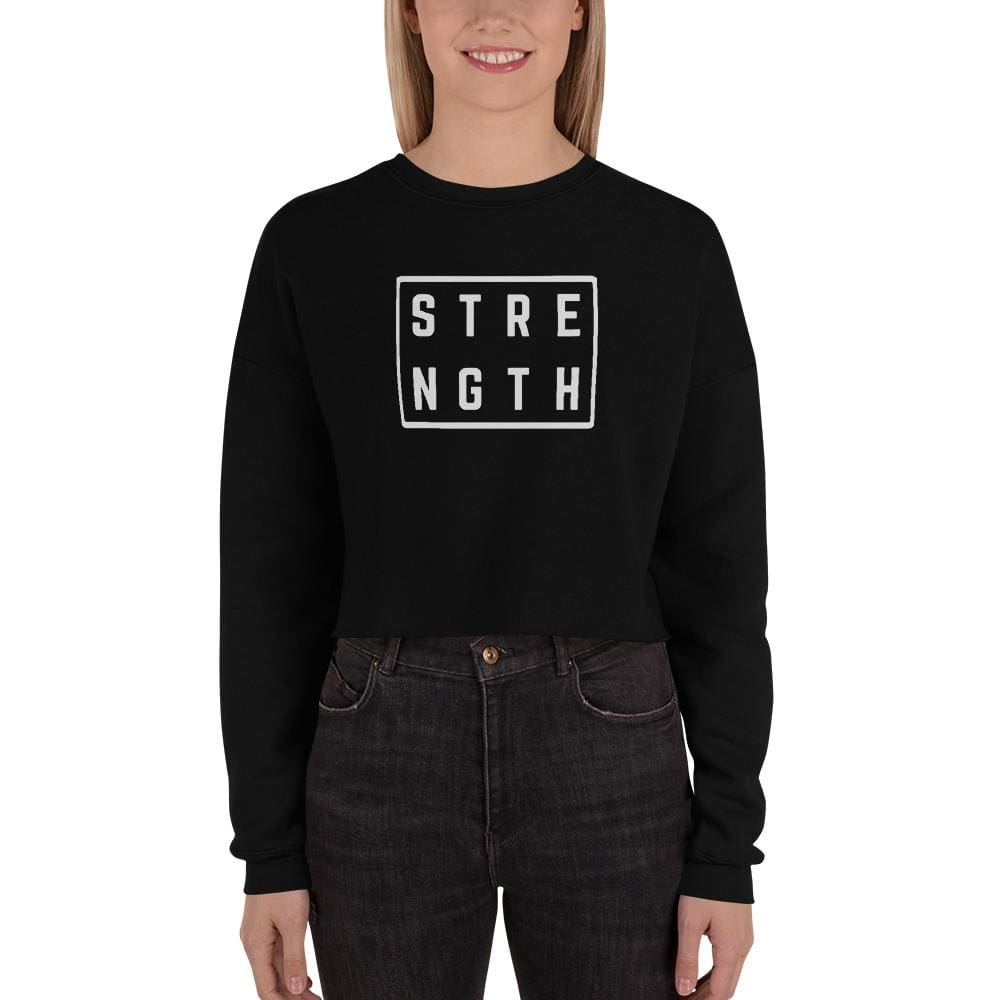 Black crewneck cropped sweatshirt with Strength graphic