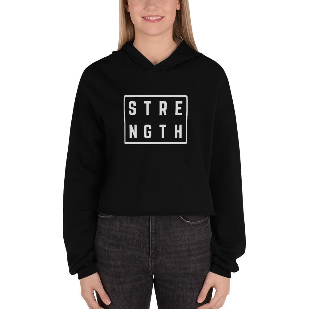 Women’s crop hoodie sweatshirt in black with front logo graphic and hood