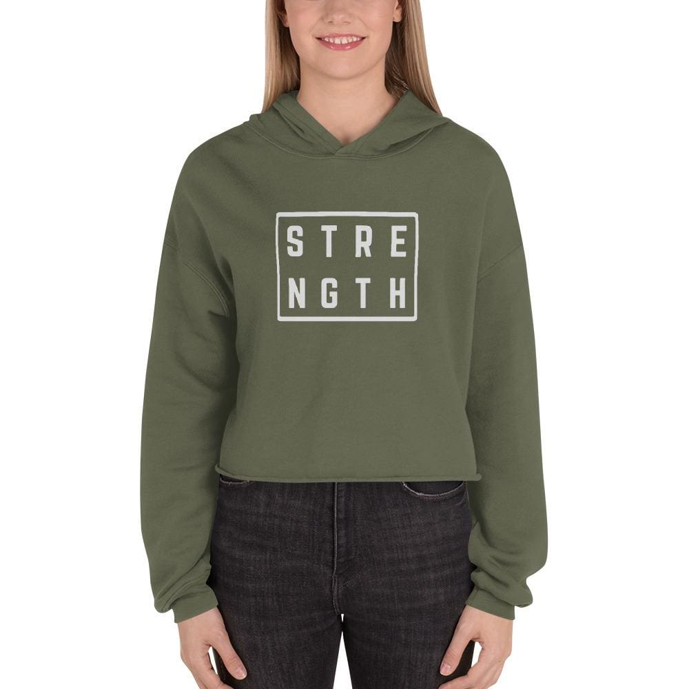 Women’s crop hoodie sweatshirt in olive green with front logo graphic and hood