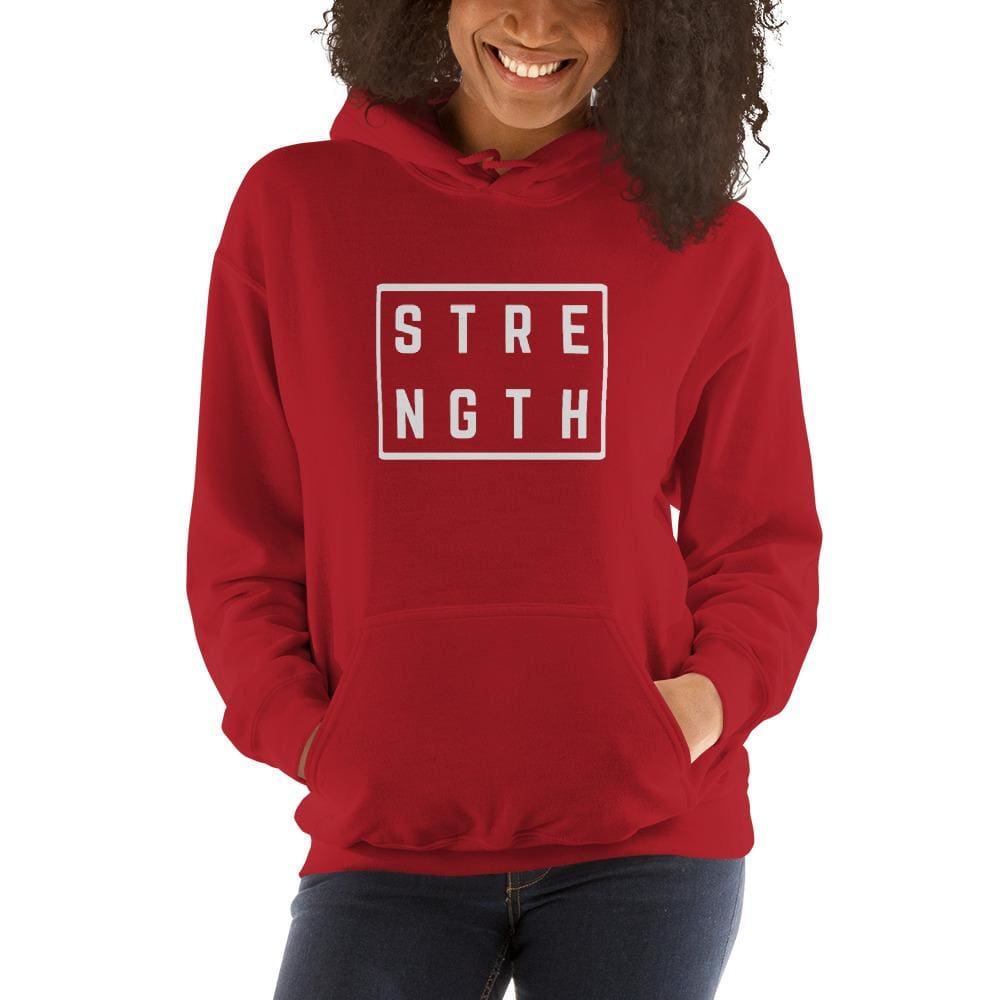 Red women's strength hoodie with front logo box and kangaroo pocket