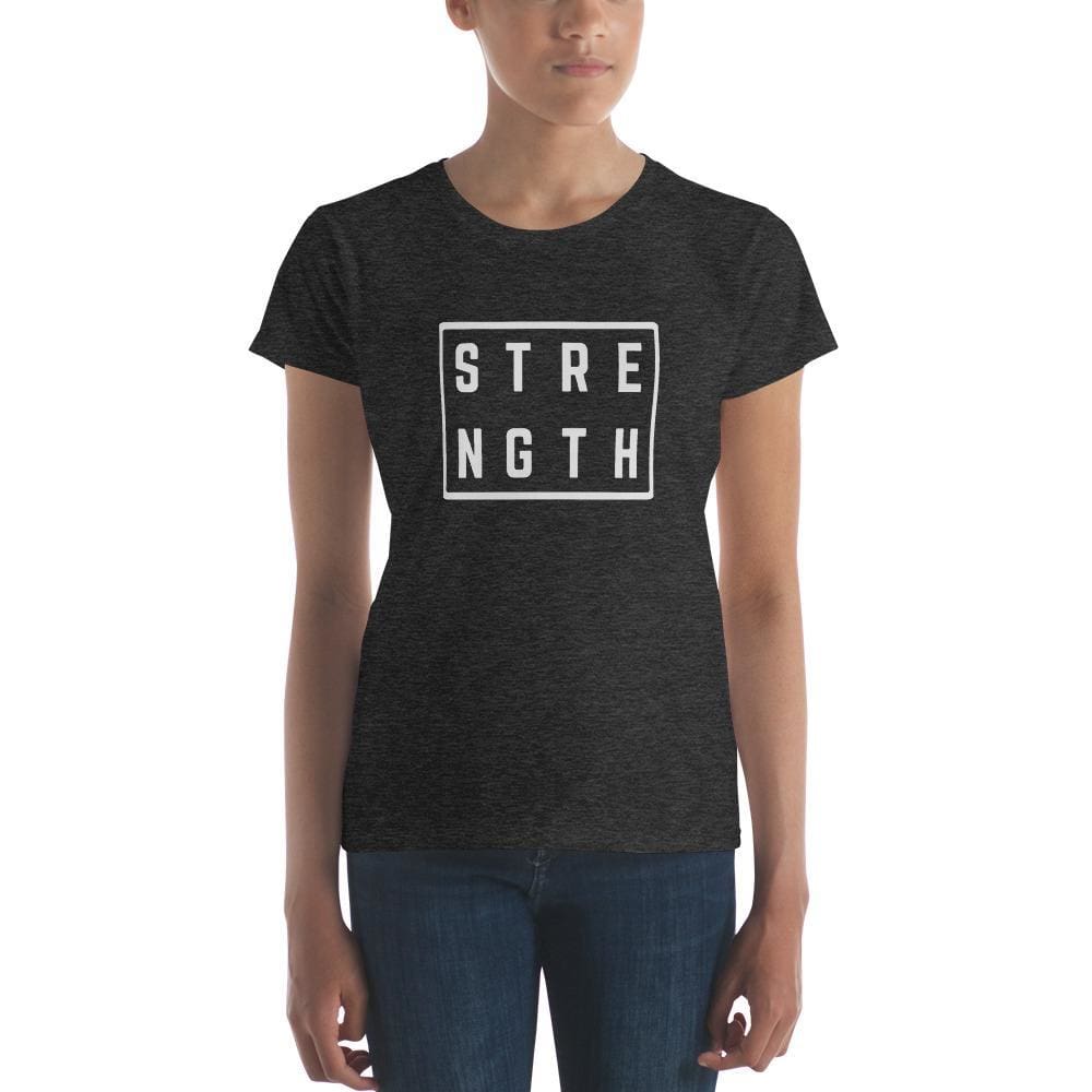 Women’s dark heather grey graphic square logo T-shirt, crew neck, short sleeves