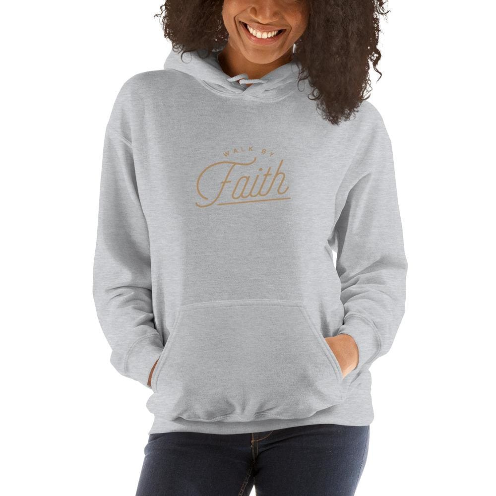 Light gray hooded sweatshirt with front “Faith” graphic and kangaroo pocket