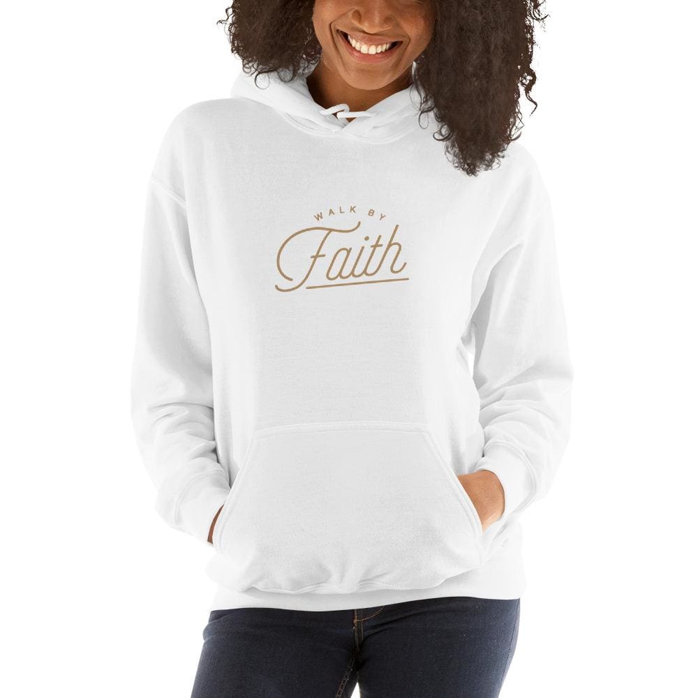 White hooded sweatshirt with front “Faith” graphic and kangaroo pocket