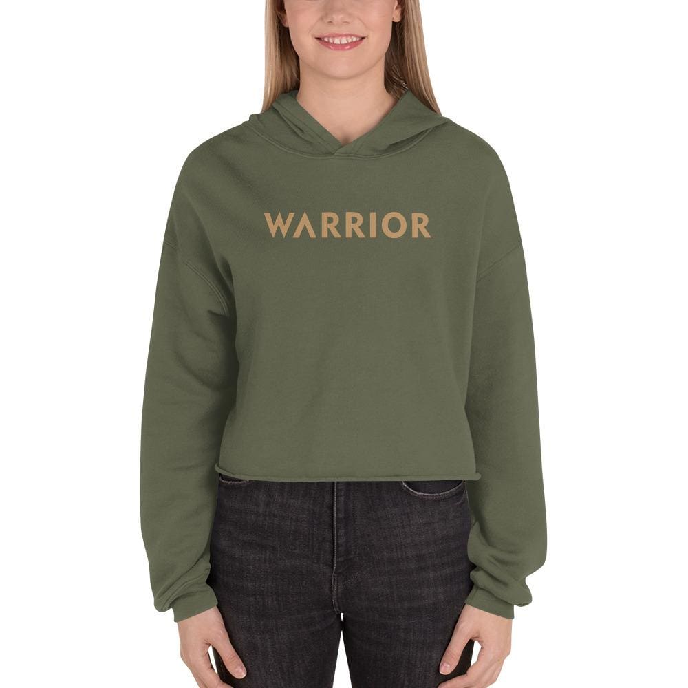 Military green cropped hoodie with hood and front "WARRIOR" print