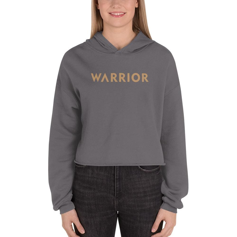 Dark gray cropped hoodie with hood and front "WARRIOR" print