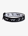 WWJD bracelet, black fabric with white repeating symbol pattern and clasp