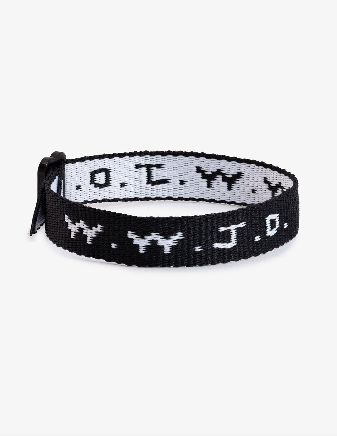 WWJD bracelet, black fabric with white repeating symbol pattern and clasp