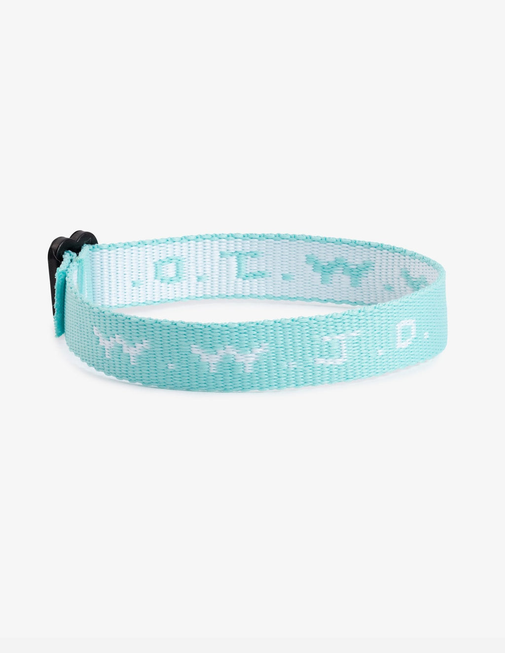 Light blue woven WWJD-style friendship bracelet with adjustable tie