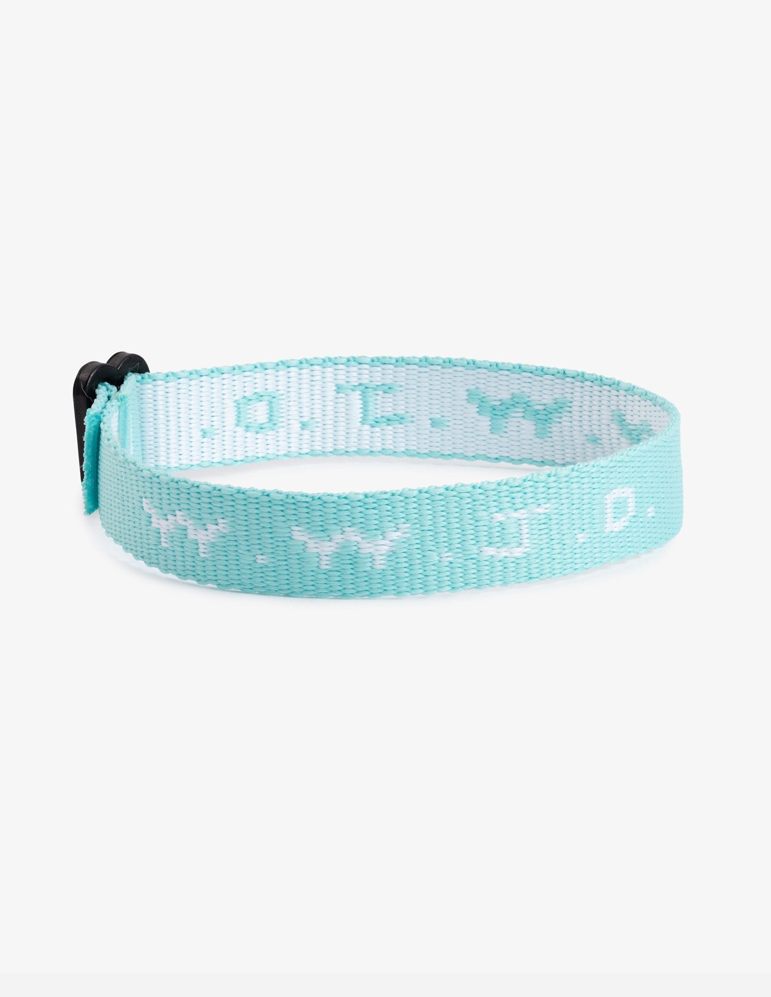 Light blue woven WWJD-style friendship bracelet with adjustable tie
