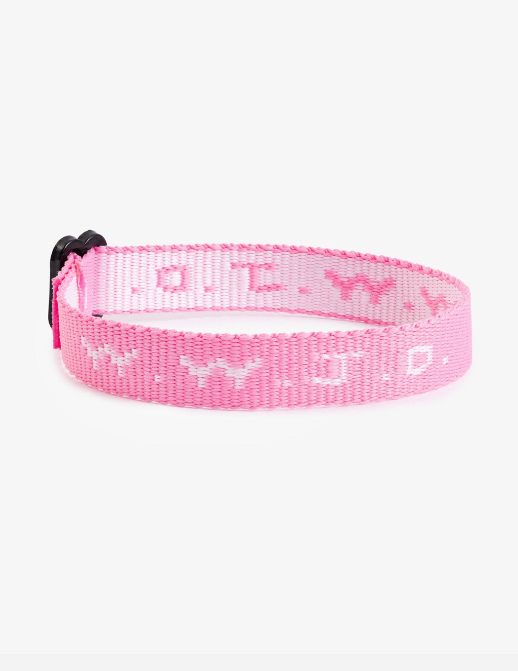 Pink woven WWJD-style friendship bracelet with adjustable tie