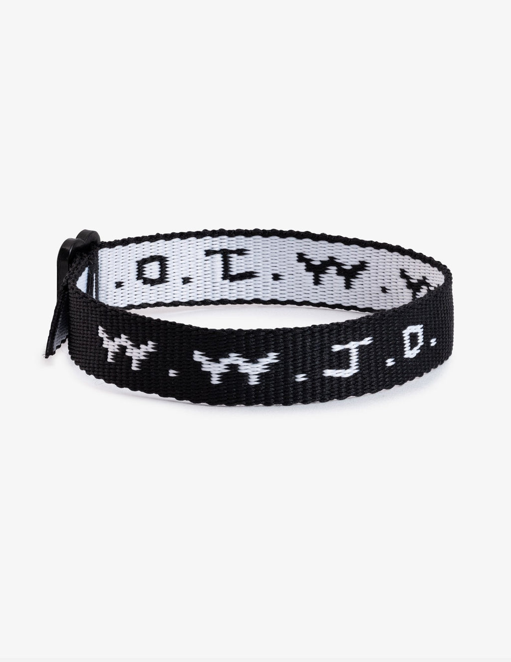 Black and white woven WWJD-style friendship bracelet with adjustable tie