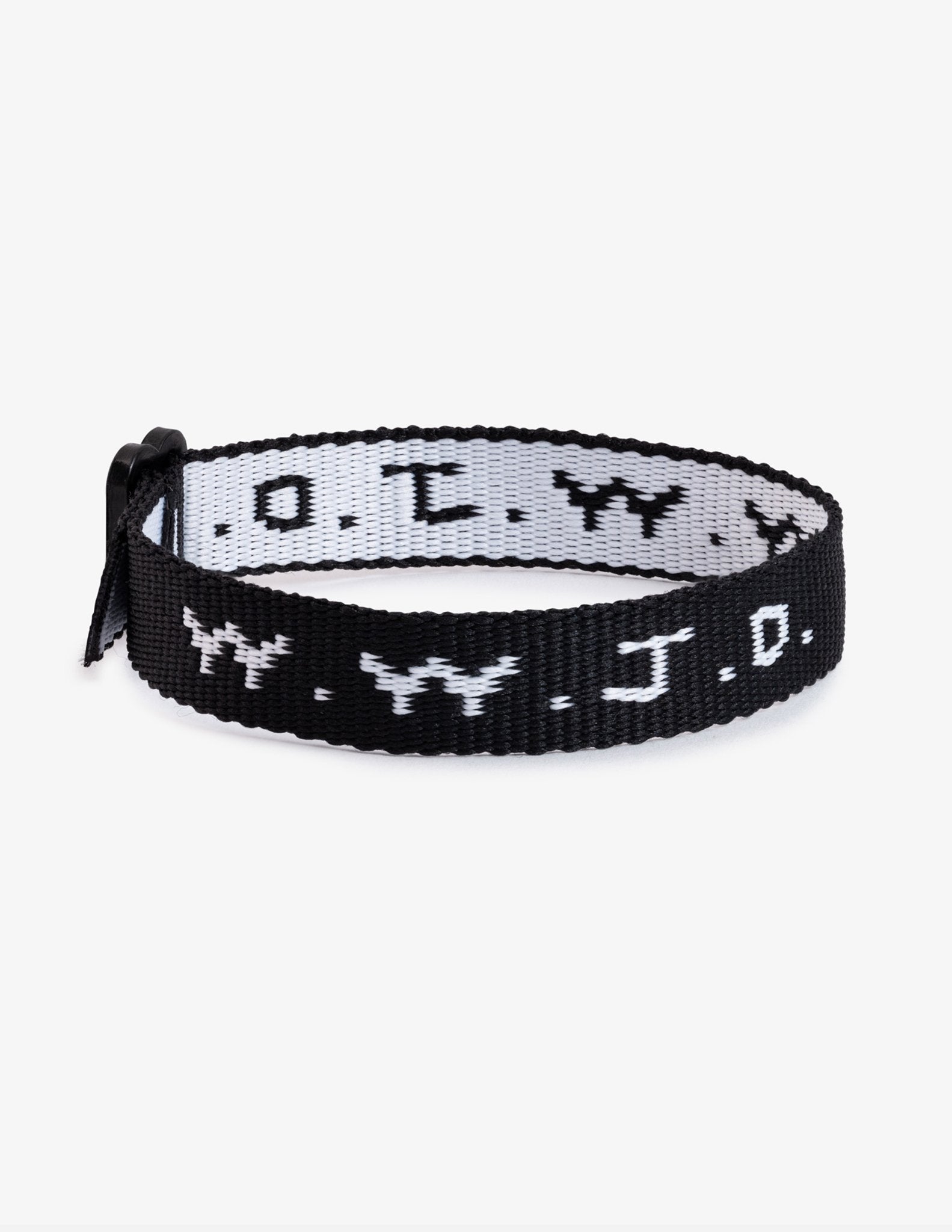 Black and white woven WWJD-style friendship bracelet with adjustable tie