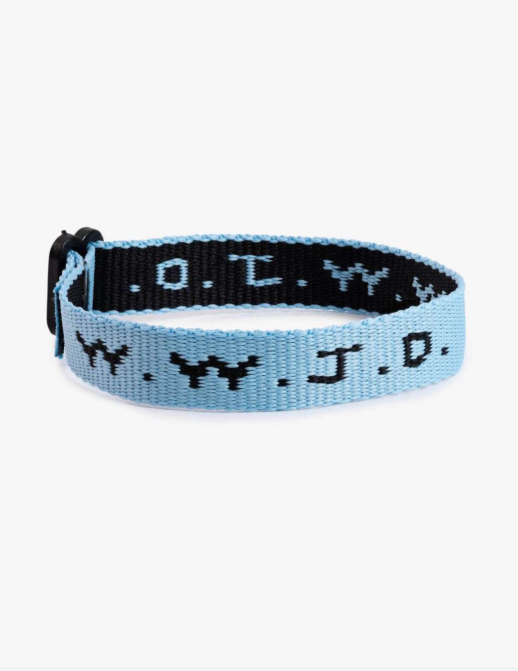 Blue and black woven WWJD-style friendship bracelet with adjustable tie
