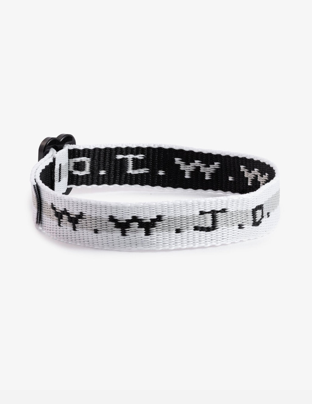 WWJD woven bracelet with black and white pattern, adjustable clasp