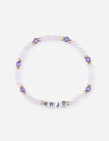 WWJD letter beaded bracelet with lilac crystal beads, purple accents, and gold spacers