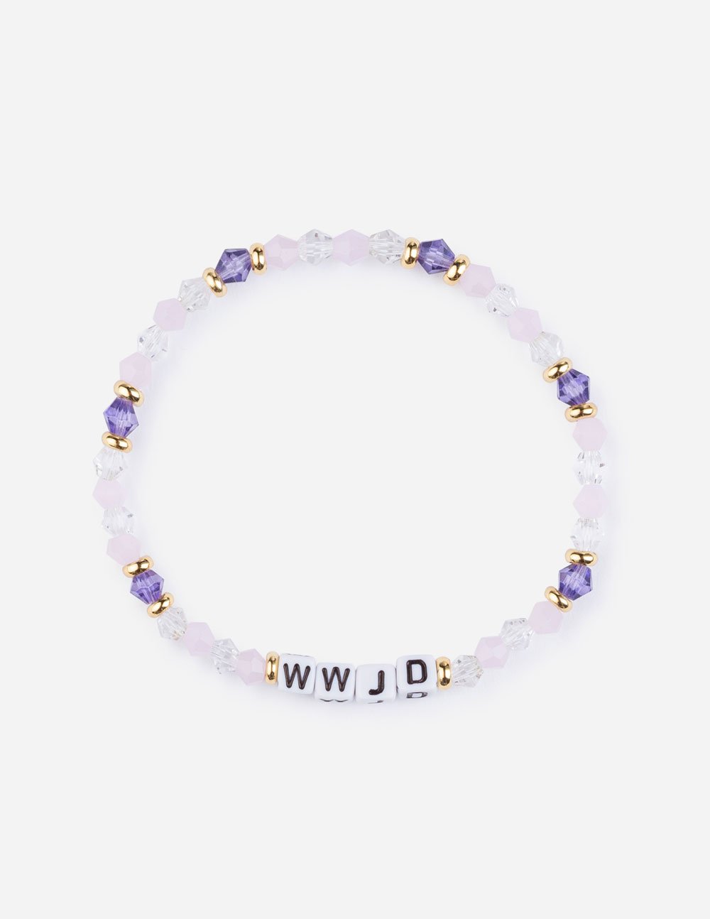 WWJD letter beaded bracelet with lilac crystal beads, purple accents, and gold spacers